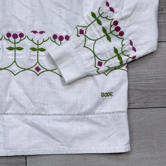 BODE Mens White Embroidered Nouveau Fleur Shirt Size L/XL plain-woven linen Boho - Picture 6 of 15